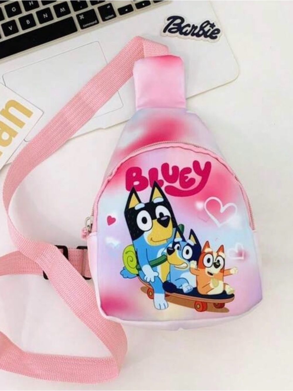 Pink Bluey Sling Bag for Kids with Cartoon Trio